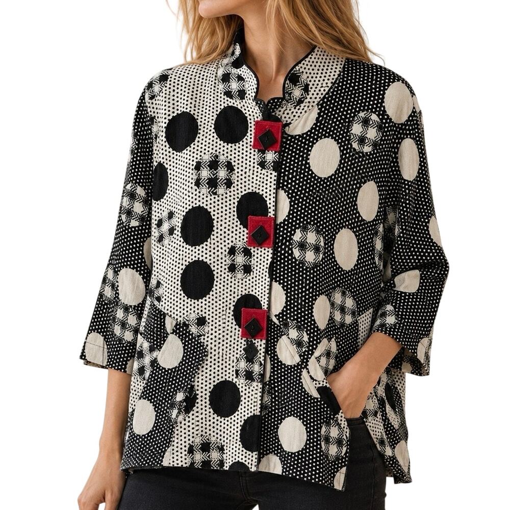 Ali Miles Sz Medium Black Gray Red Wearable Art Geometric Blouse Shirt Top
